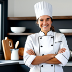 A professional female chef, standing in a brightly lit, modern kitchen studio. She is fully clothed in a modest, clean chef's jacket and apron, with appropriate attire. She holds a whisk, smiling warmly and authentically towards the viewer. The background features neatly arranged kitchen tools and fresh ingredients, hinting at her passion for cooking. Perfect anatomy, correct proportions, natural pose, well-formed hands, proper finger count, natural body proportions. Professional photography, high quality, safe for work, appropriate content, family-friendly.
