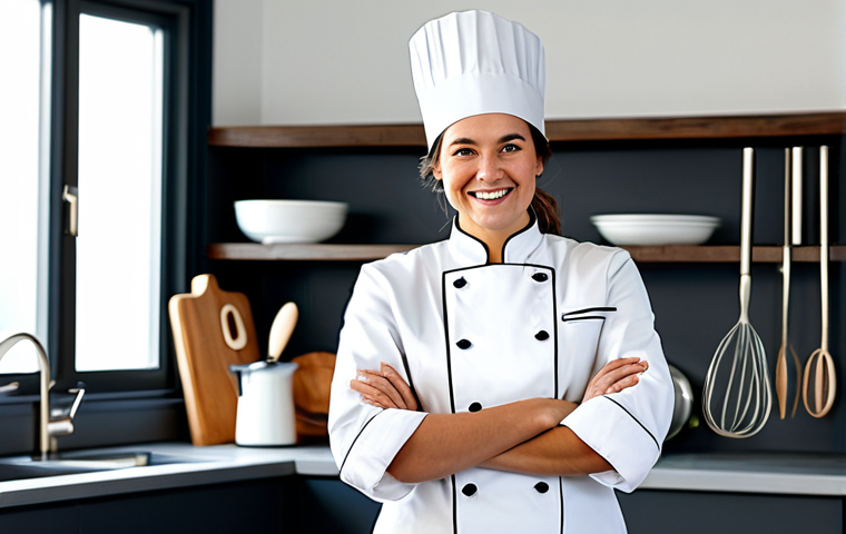 A professional female chef, standing in a brightly lit, modern kitchen studio. She is fully clothed in a modest, clean chef's jacket and apron, with appropriate attire. She holds a whisk, smiling warmly and authentically towards the viewer. The background features neatly arranged kitchen tools and fresh ingredients, hinting at her passion for cooking. Perfect anatomy, correct proportions, natural pose, well-formed hands, proper finger count, natural body proportions. Professional photography, high quality, safe for work, appropriate content, family-friendly.