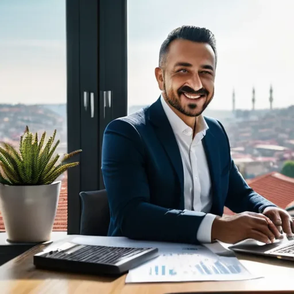 연금 수익 최적화 - **Prompt:** A Turkish person, appearing to be in their late 30s or early 40s, sits confidently at a ...