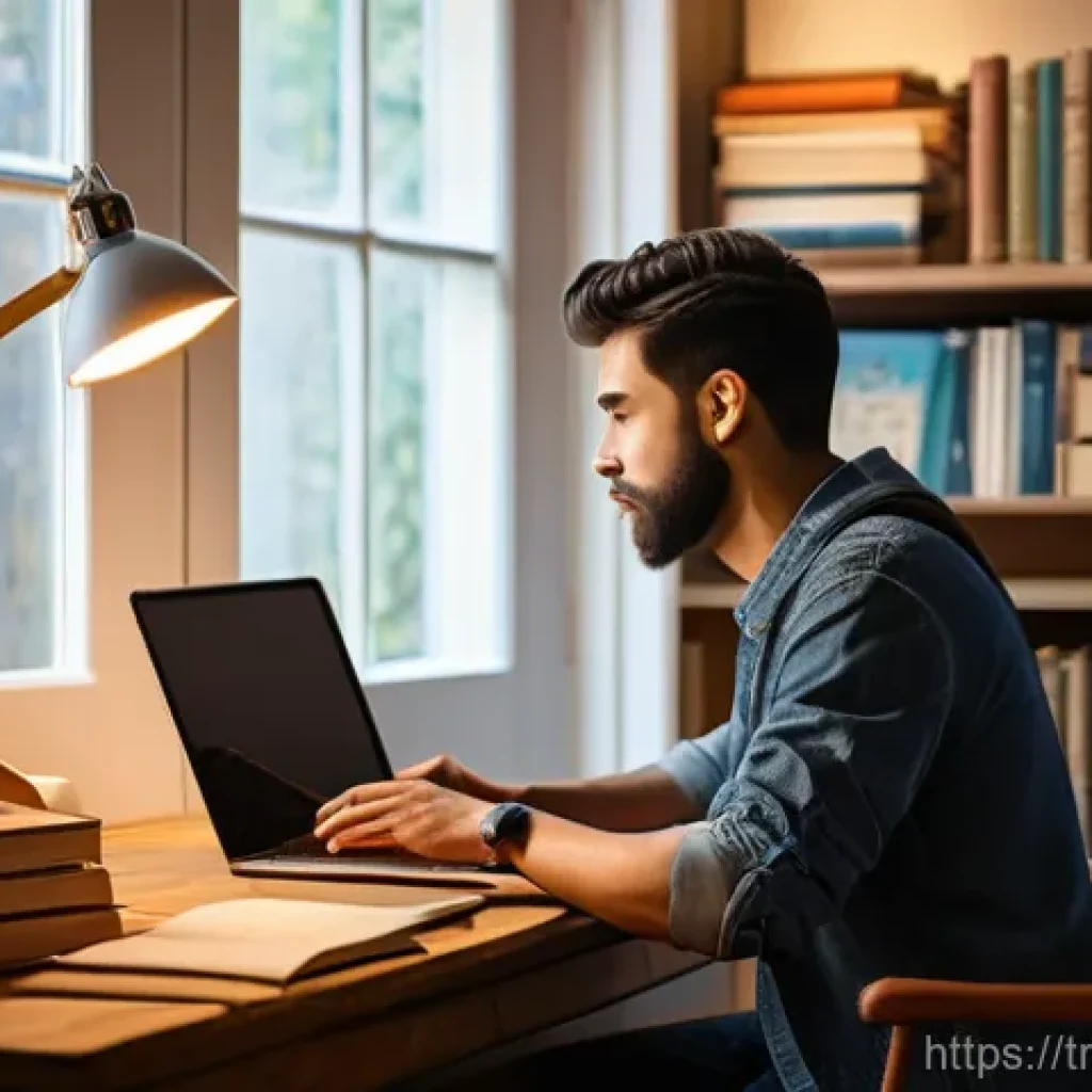 온라인 경매 비즈니스 - **Prompt:** A young adult, dressed in casual yet stylish clothing, sits comfortably at a modern desk...